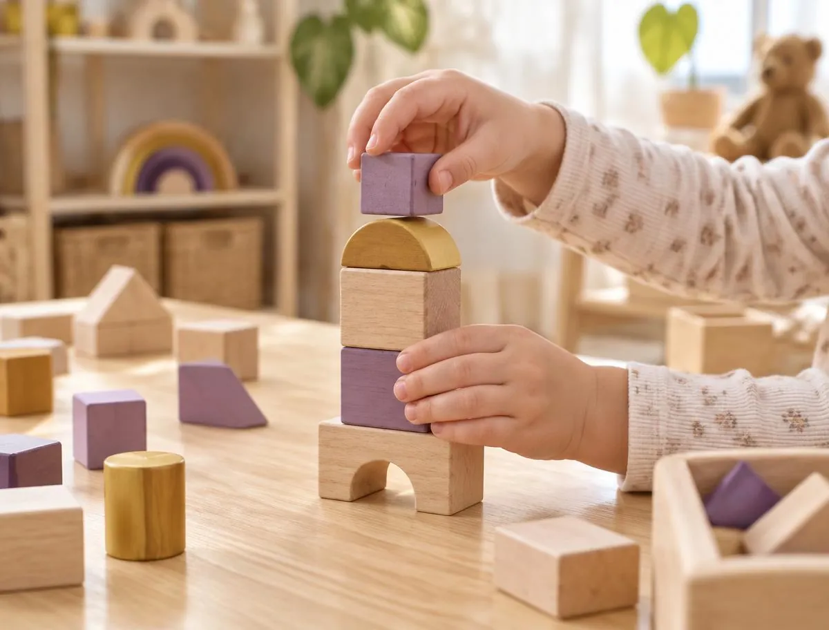 A child's hands stacking wooden building blocks on a classroom table