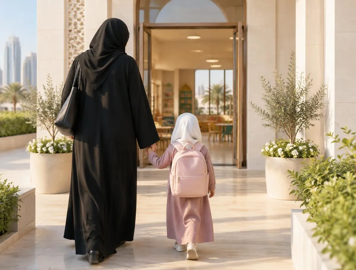 A parent and child, seen from behind, walking hand in hand towards a kindergarten doorway