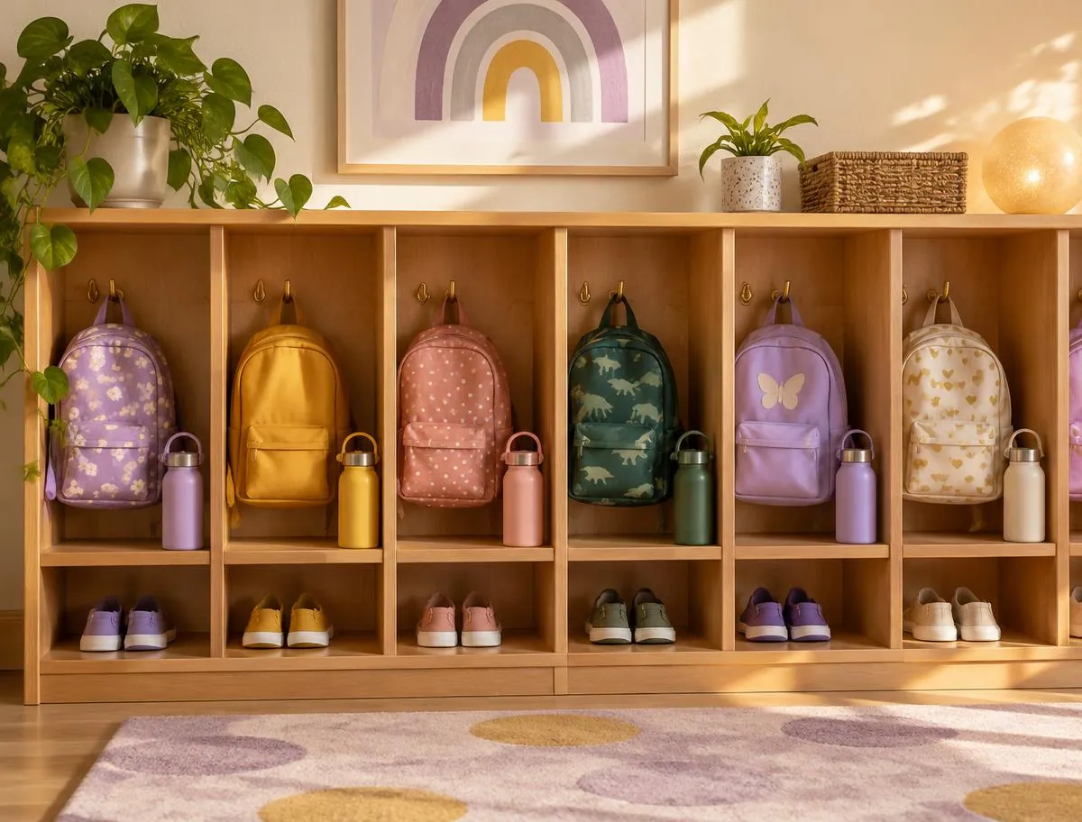 Wooden cubbies with children's backpacks, water bottles and small shoes