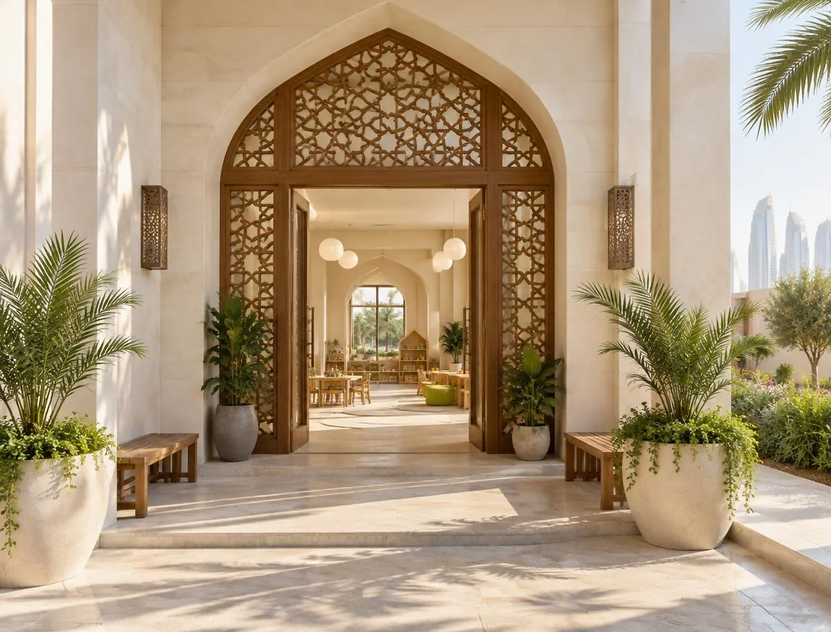 Welcoming arched entrance with a carved wooden lattice door and potted palms