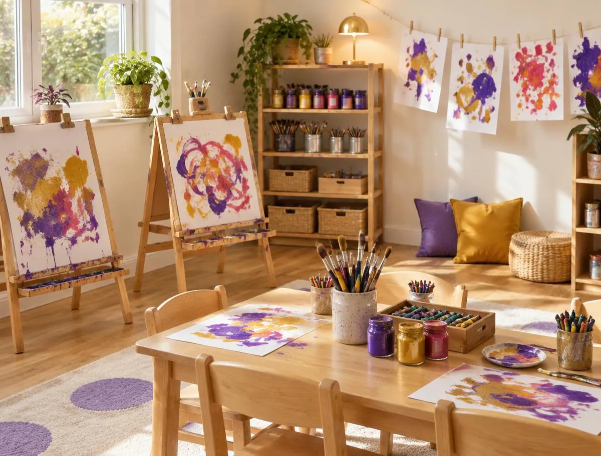 Art corner with child-height easels, colourful paintings, brushes and paint pots