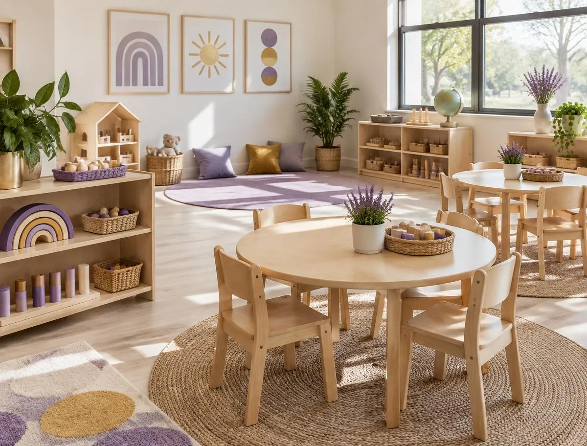 Tidy classroom with round wooden tables, small chairs and shelves of learning materials