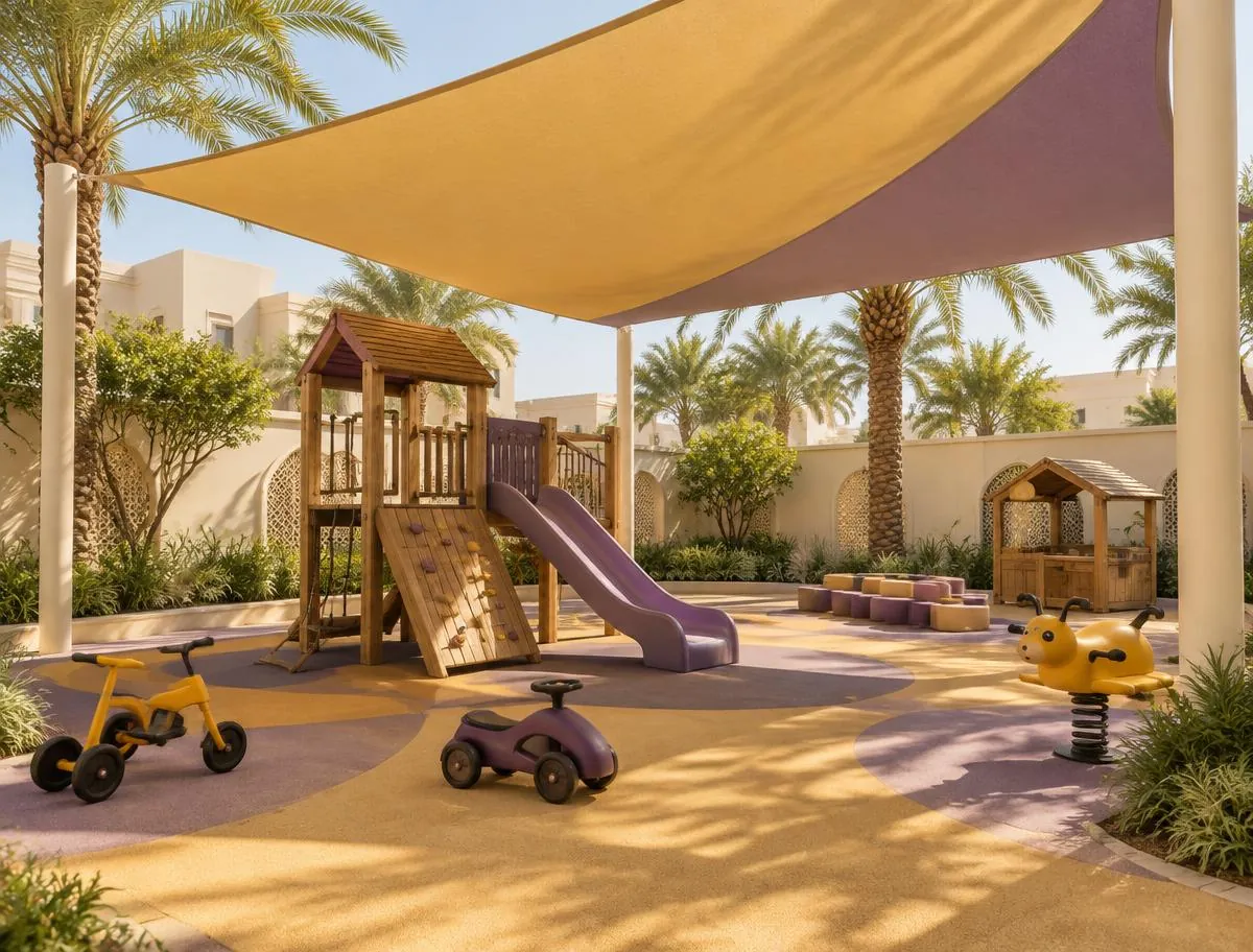 Shaded outdoor play area with a wooden climbing frame, a slide and ride-on toys