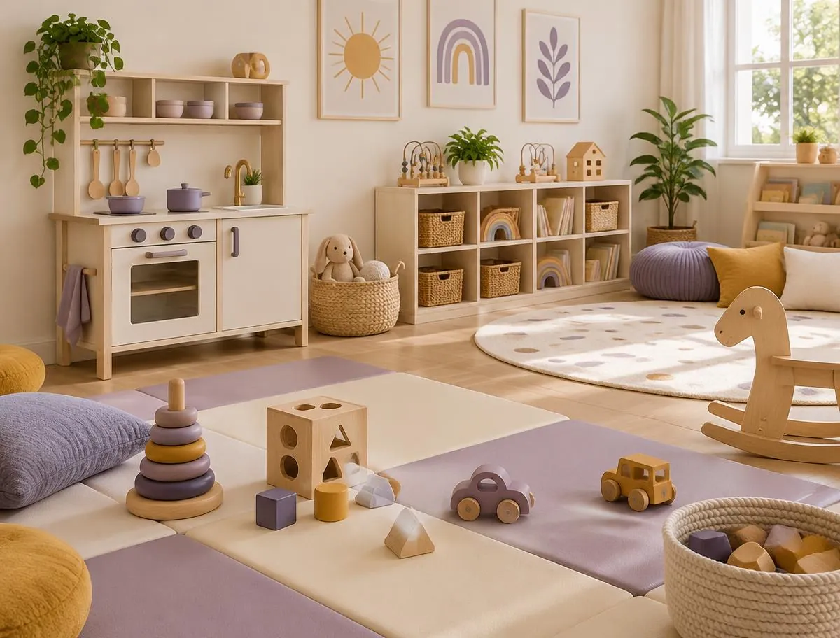 Indoor play area with soft mats, a wooden play kitchen and stacking toys