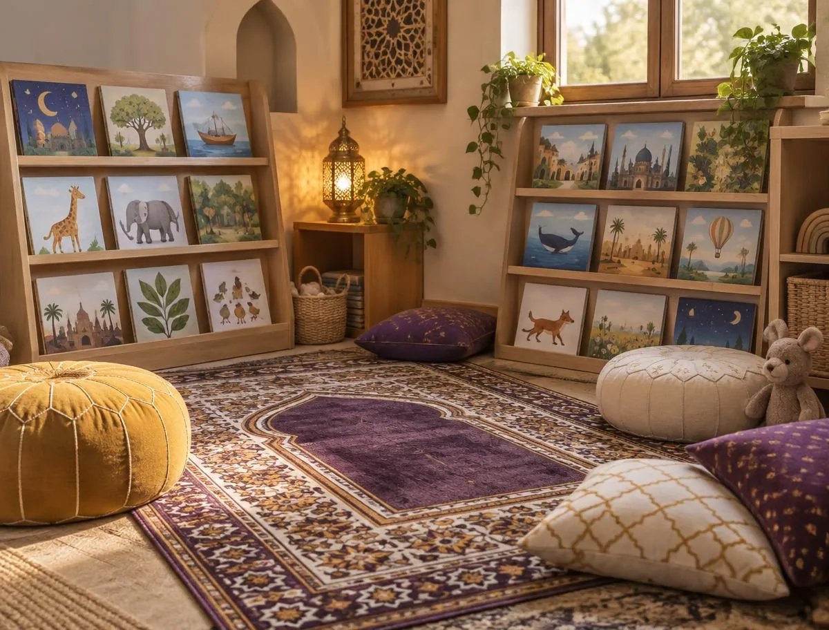 Cosy reading corner with picture books, floor cushions and a prayer-rug patterned rug