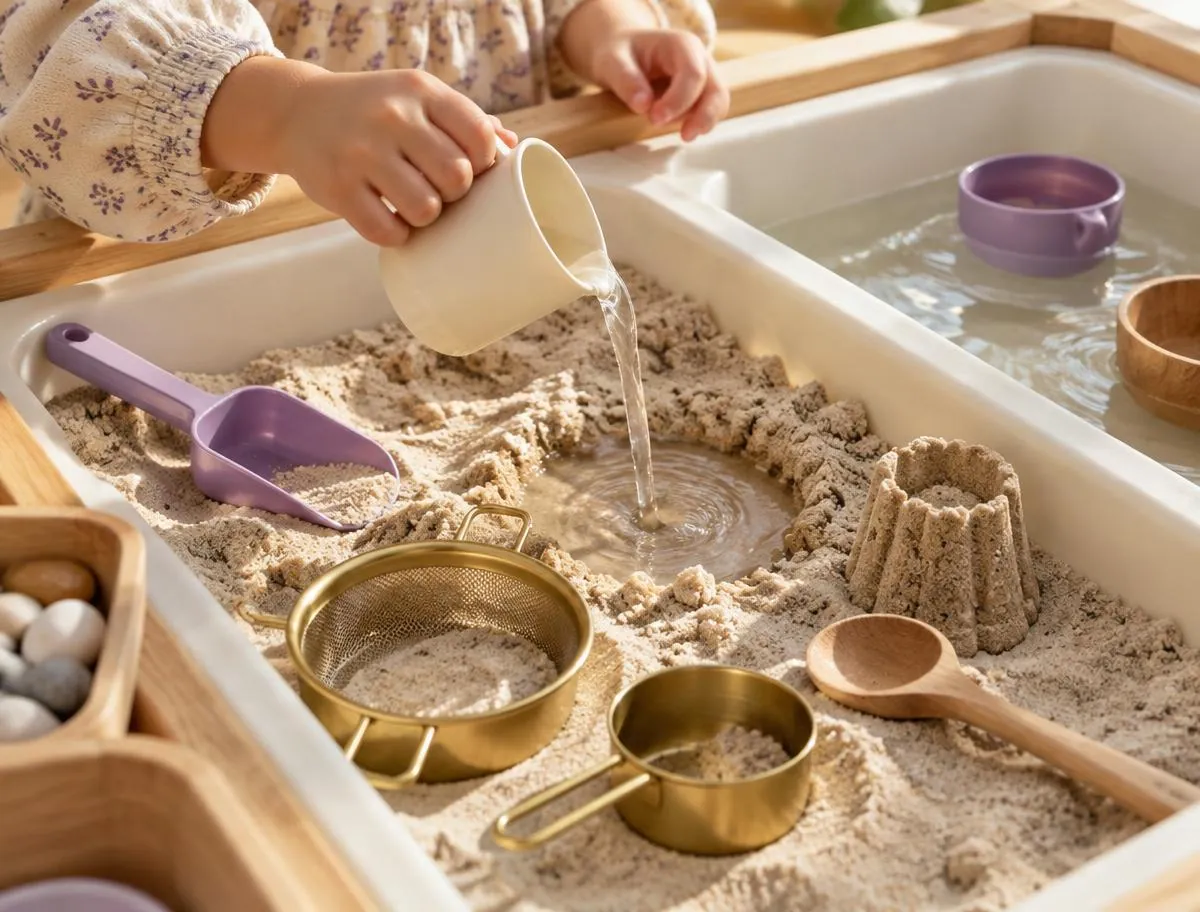 A child's hands pouring water into a sand and water play table