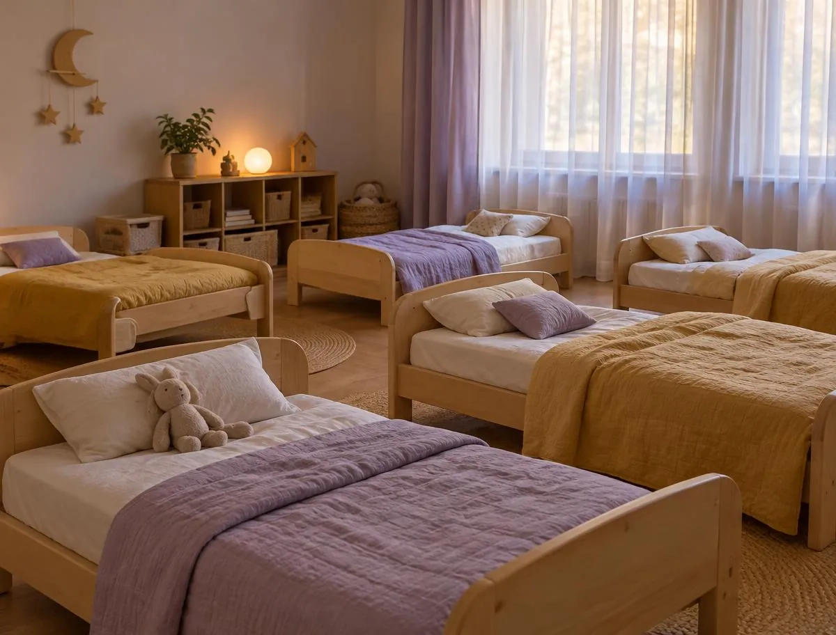 Calm nap room with small wooden beds and soft lavender and gold blankets