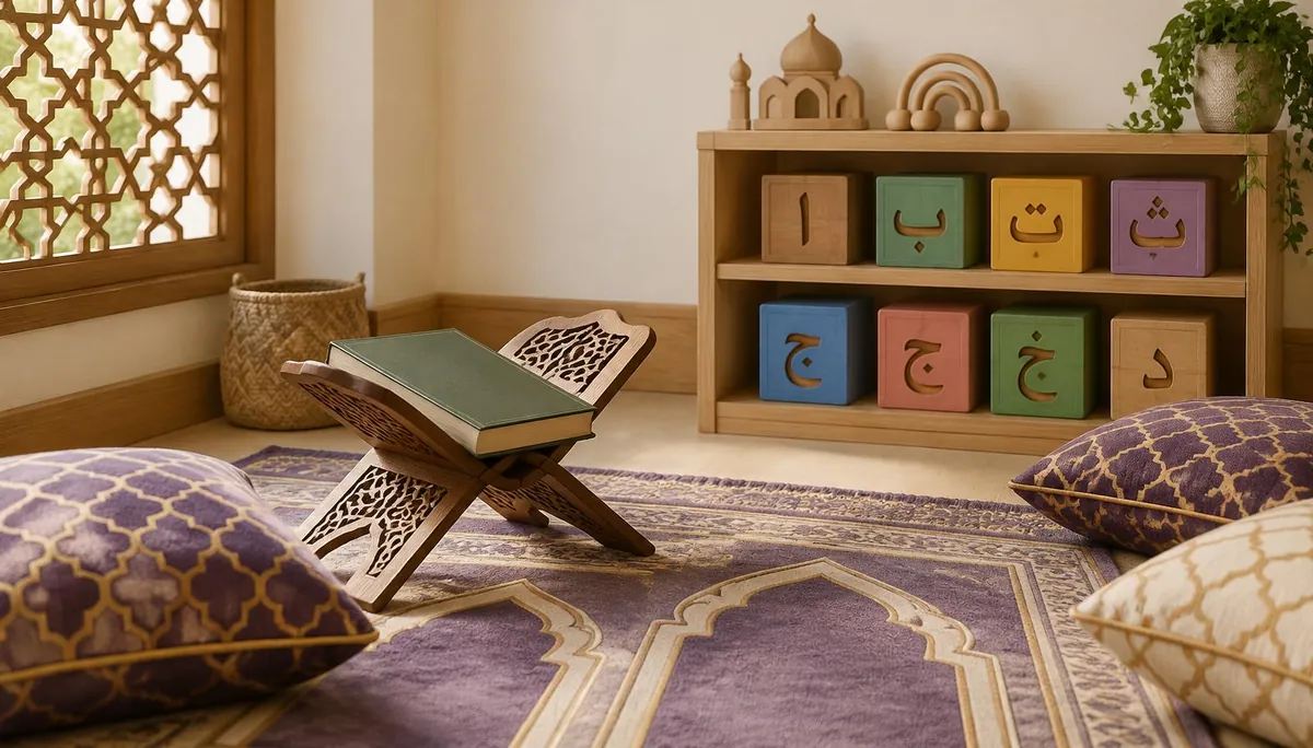 Quran and Arabic letters corner with a wooden rehal stand, Arabic letter blocks and patterned floor cushions