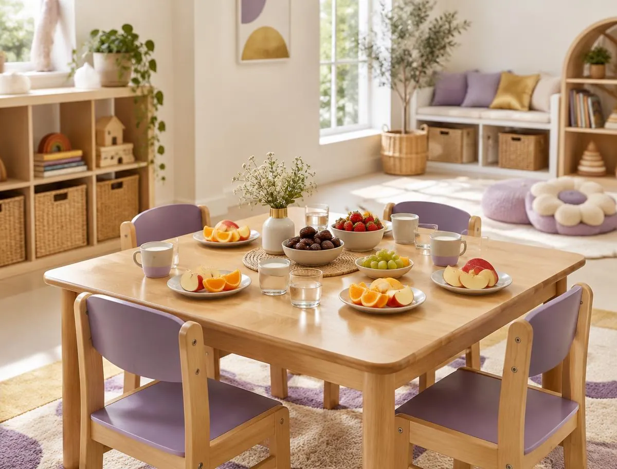 Snack table set with fresh fruit, dates and cups of milk and water