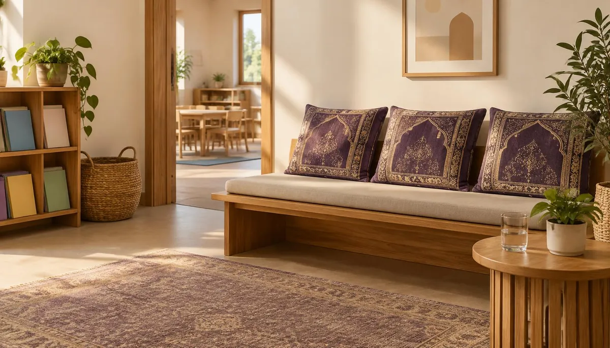 Parents' waiting area with a wooden bench, patterned cushions and a bookshelf